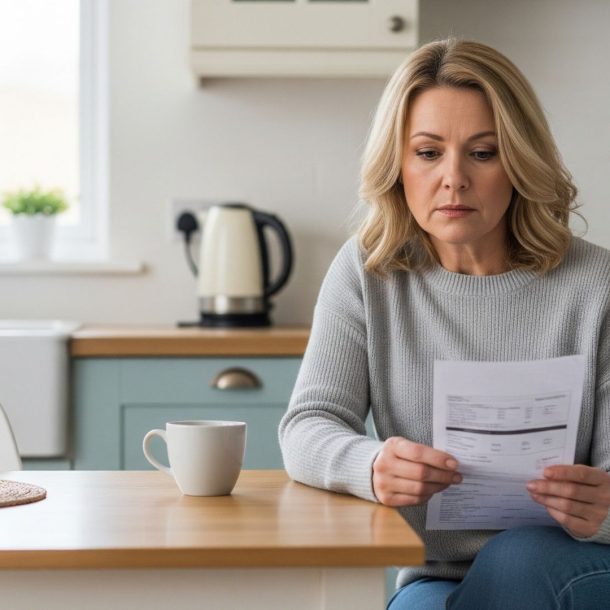 A person sitting at a table looking thoughtfully at a medical bill, representing the future costs of an injury.