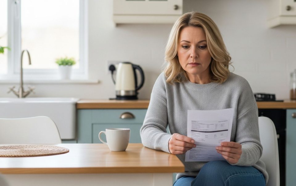 A person sitting at a table looking thoughtfully at a medical bill, representing the future costs of an injury.