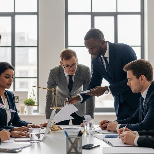 A diverse group of legal or business professionals gathered around a table in a boardroom, engaged in a discussion.