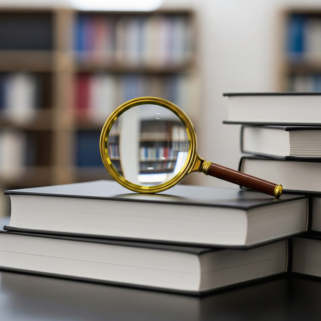A stack of law books with a magnifying glass resting on top, in a library setting.