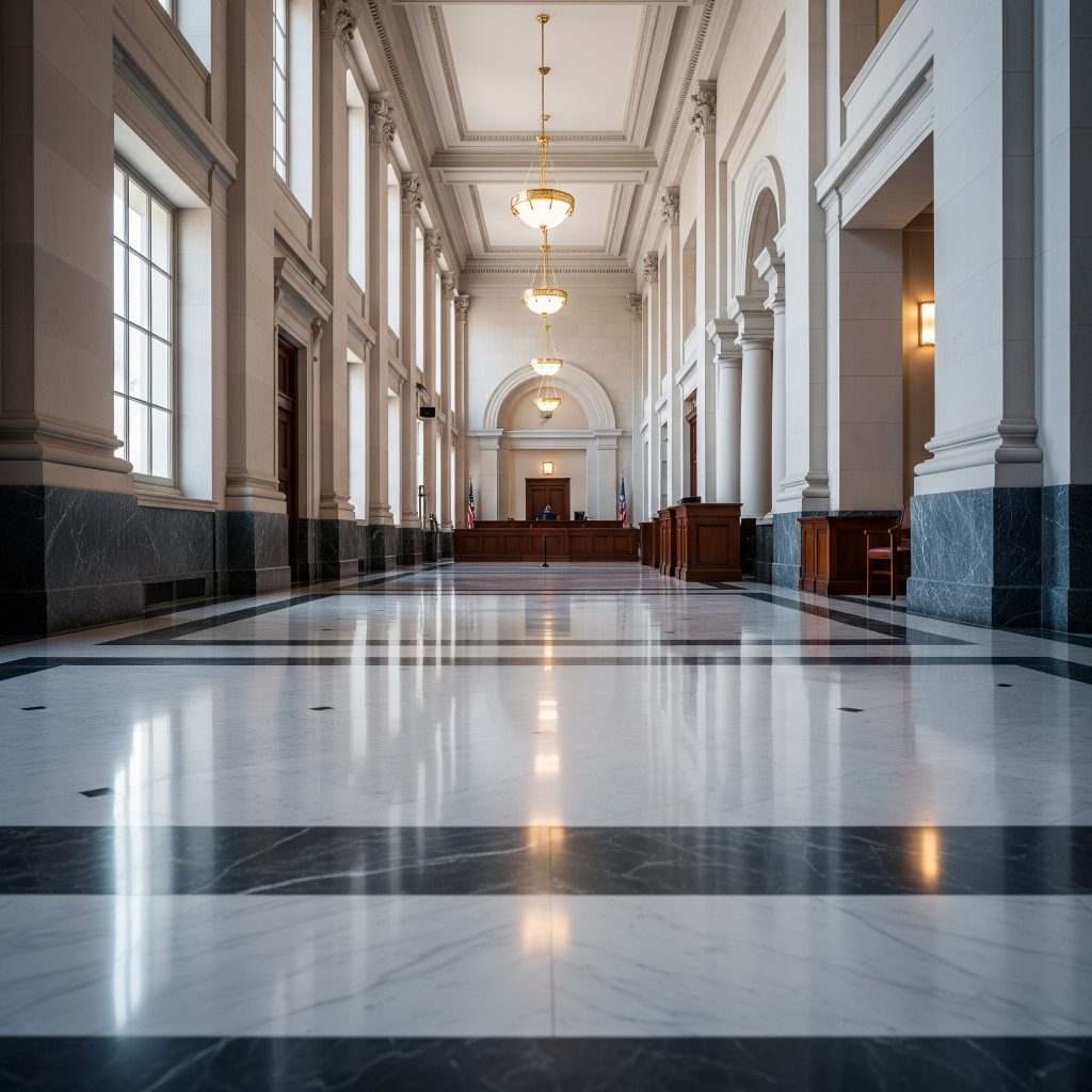 An empty, well-lit courthouse hallway with high ceilings and polished floors, leading to a judge's bench in the distance.