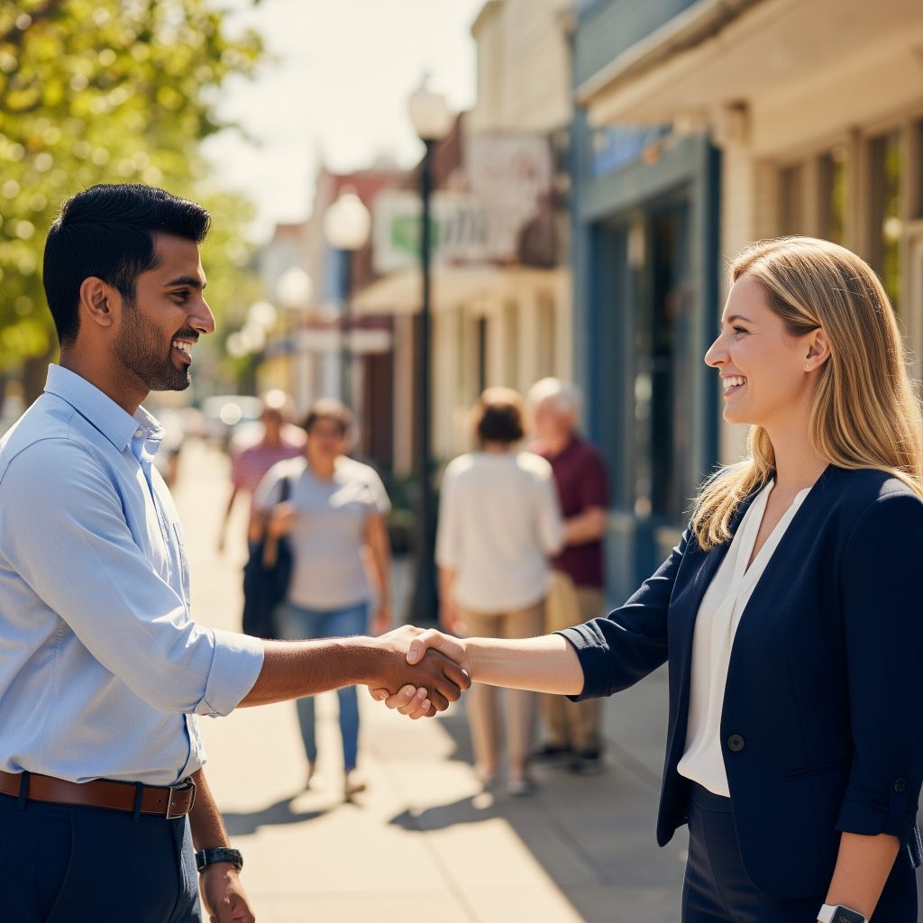 Two diverse professionals, a man and a woman, smiling and shaking hands warmly on a sunny street in a community setting.