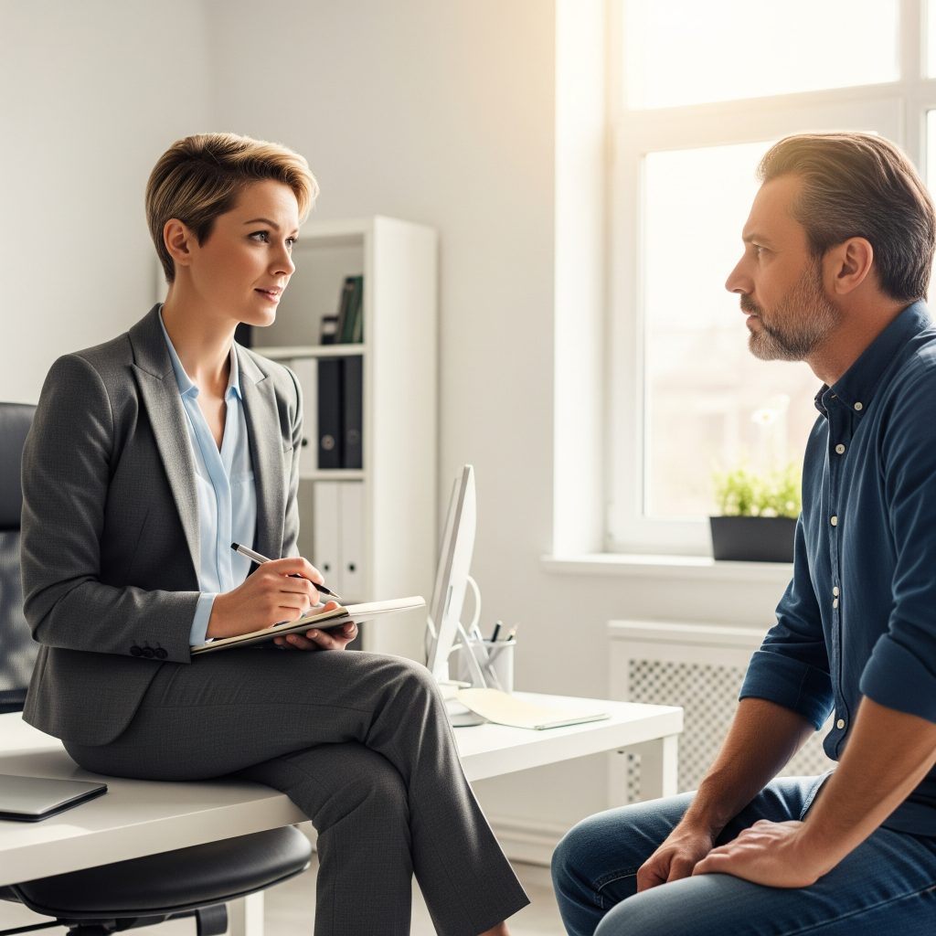 A female lawyer with a notepad attentively listening to a male client in a professional office setting.