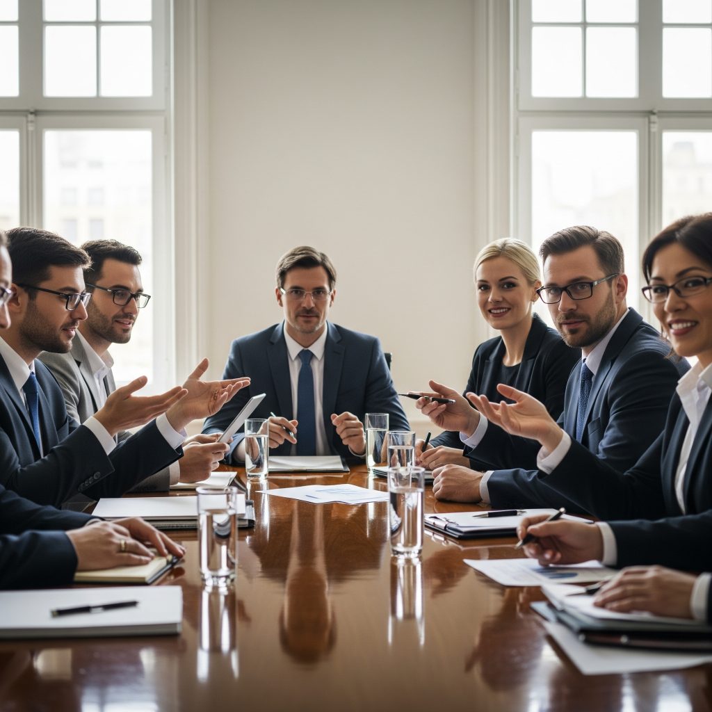 A diverse group of legal or business professionals gathered around a table in a boardroom, engaged in a discussion.