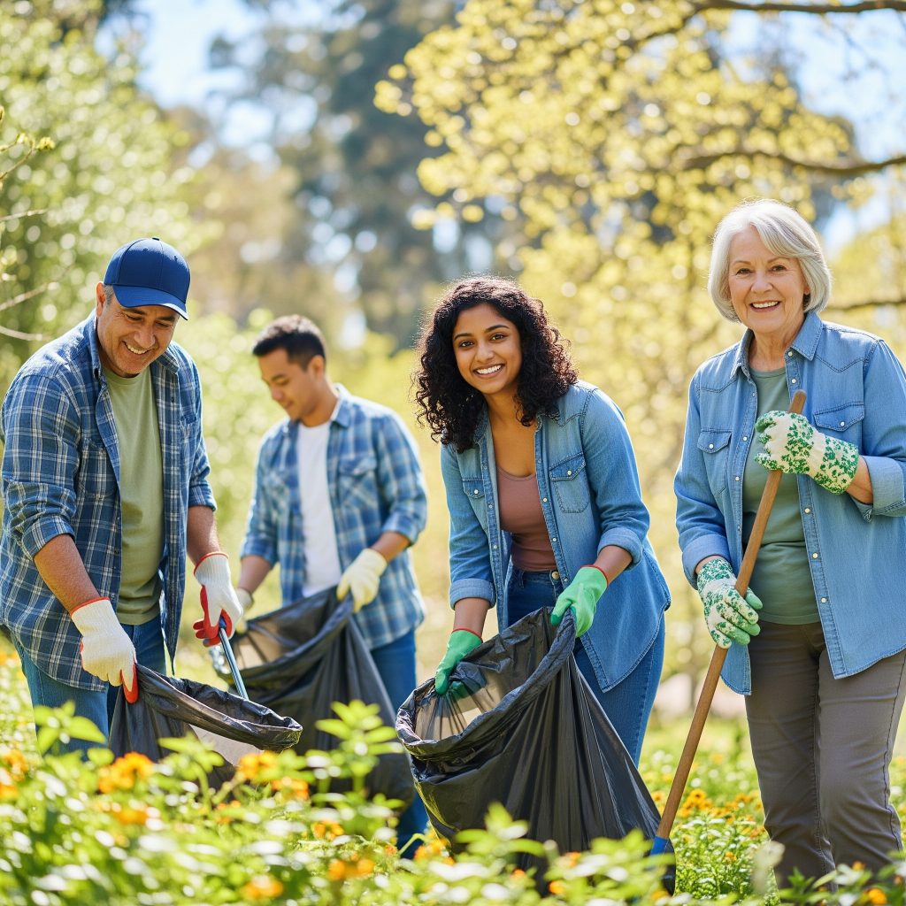 A diverse group of people, including a man, two women, and another man in the background, cleaning up a park with trash bags and a rake, showing community care.