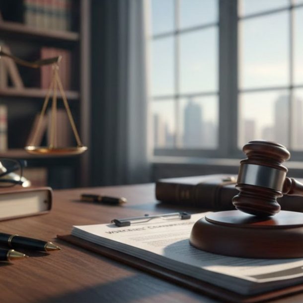 rofessional law office desk with workers compensation forms and a gavel representing legal authority.