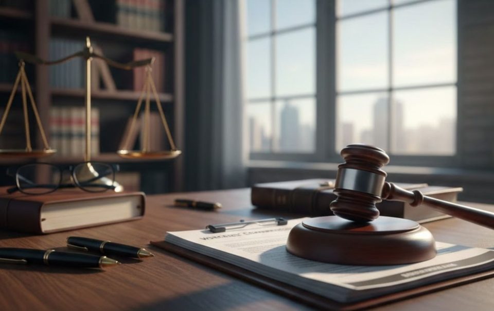 rofessional law office desk with workers compensation forms and a gavel representing legal authority.