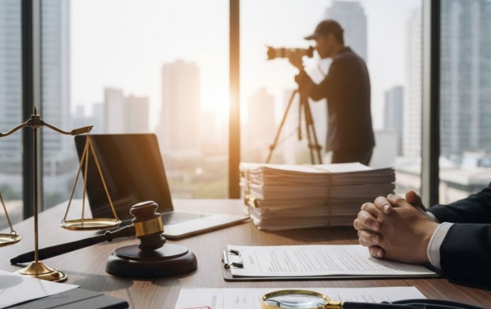 Professional law office desk with scales of justice and a gavel symbolizing legal authority.