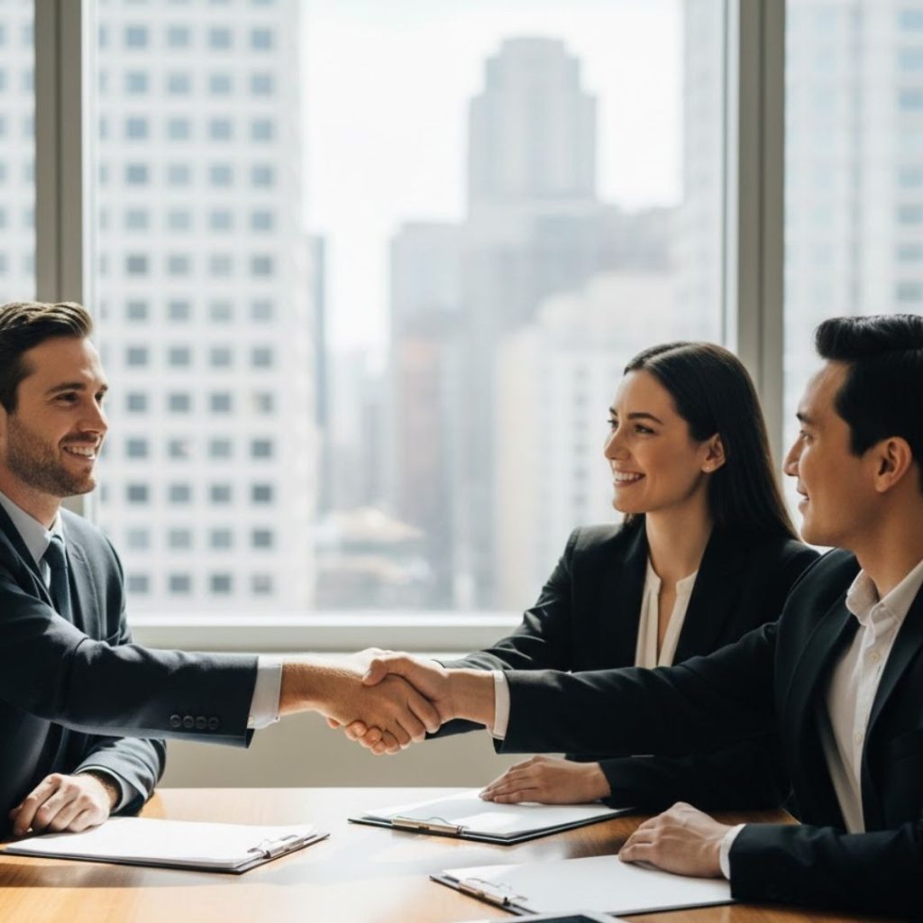 Professionals shaking hands in an office, representing a successful legal settlement and partnership.