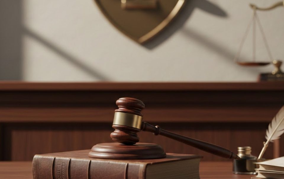 A professional gavel on a courtroom bench representing legal authority and workers' compensation hearings.