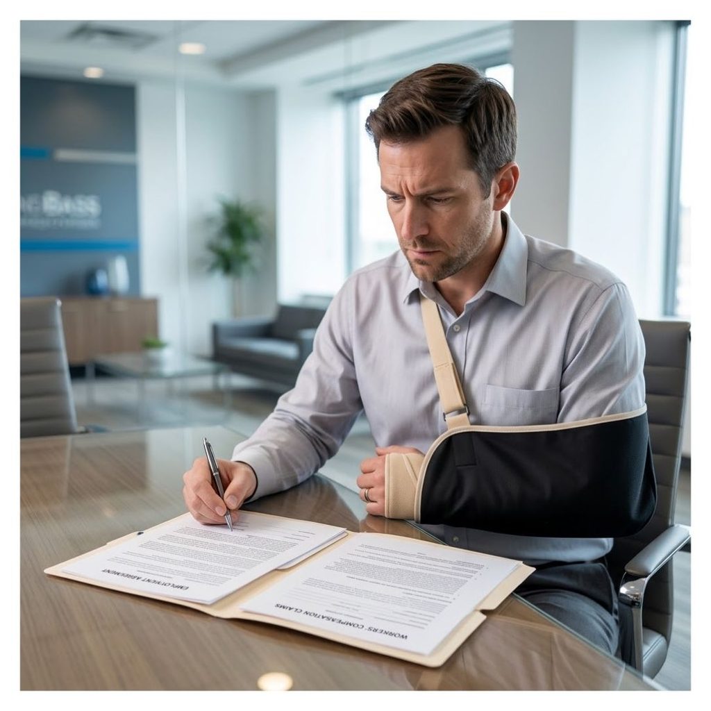 An injured man reviews paperwork for a workers' compensation claim.
