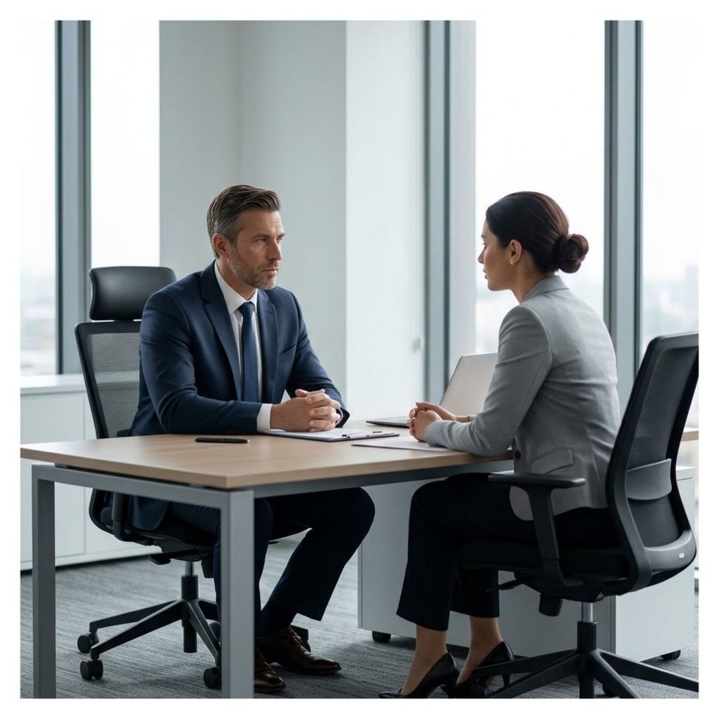 An employer and employee have a serious conversation across a desk.