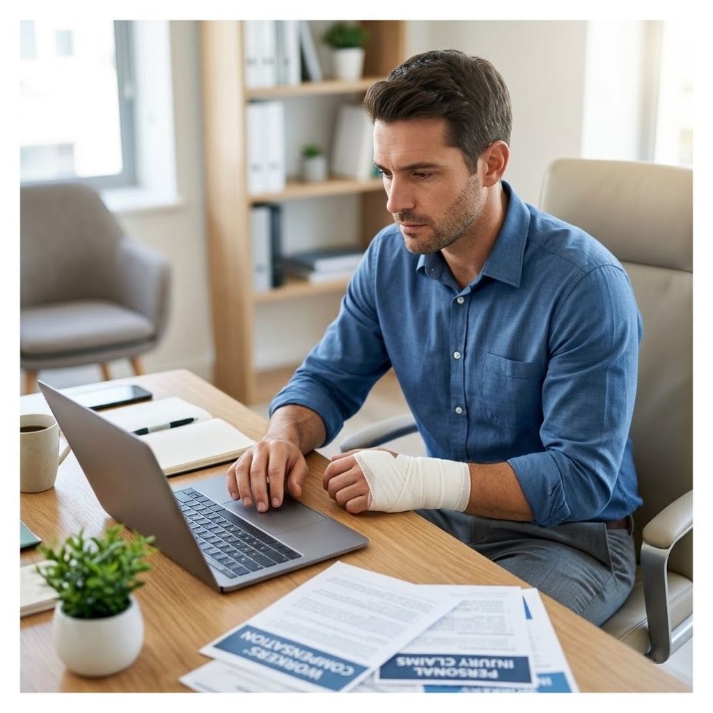 An injured man conducts workers' compensation research and reviews employment documenation.