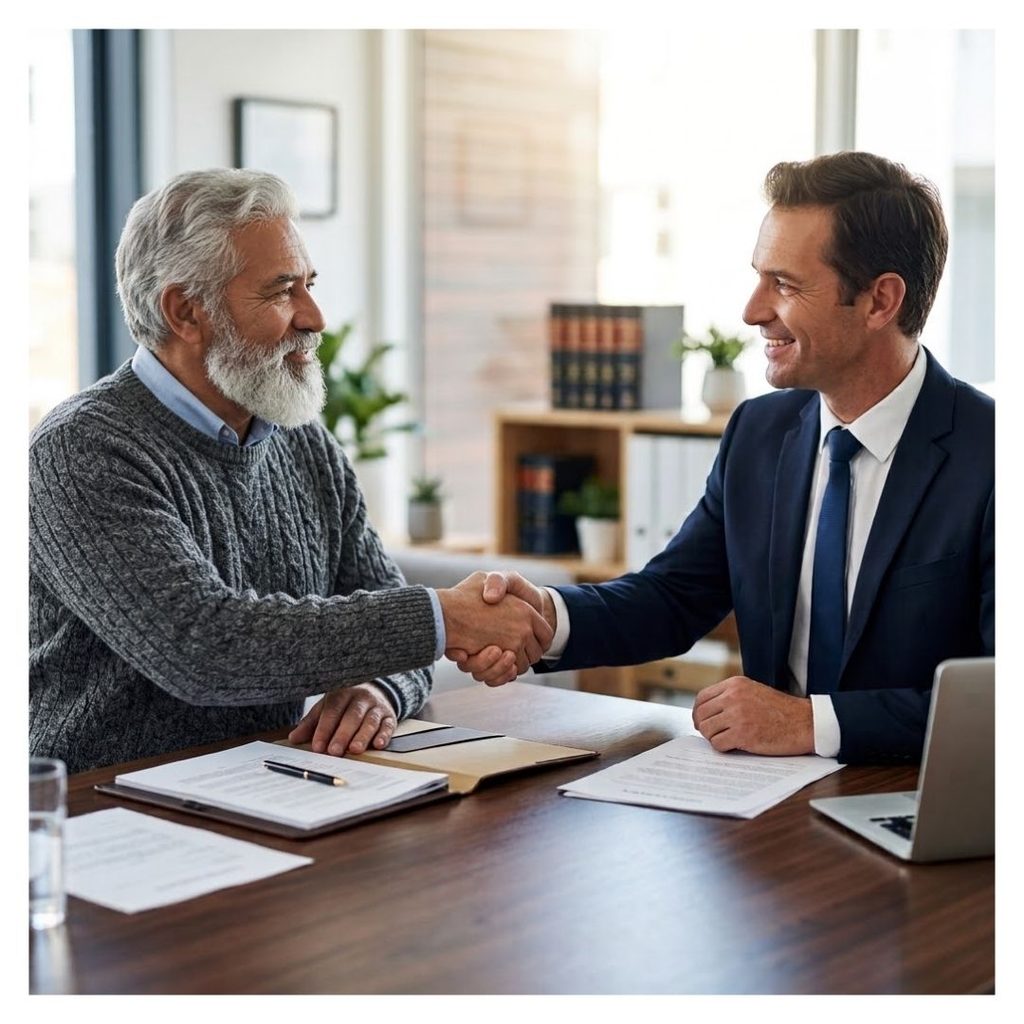 An attorney and client shake hands after a successful legal meeting.