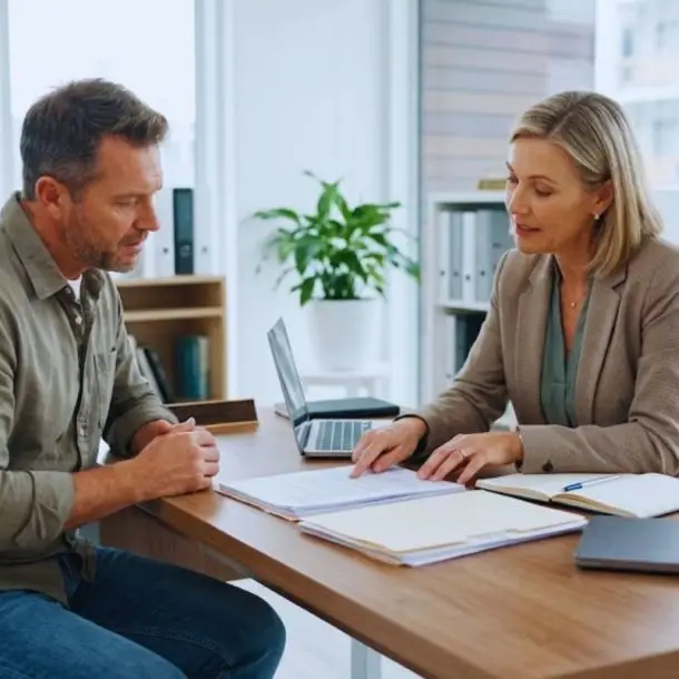 A man consults with his lawyer after sustaining an injury at work and being fired.