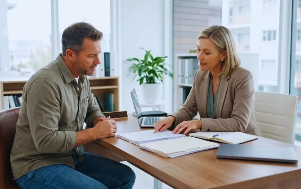 A man consults with his lawyer after sustaining an injury at work and being fired.
