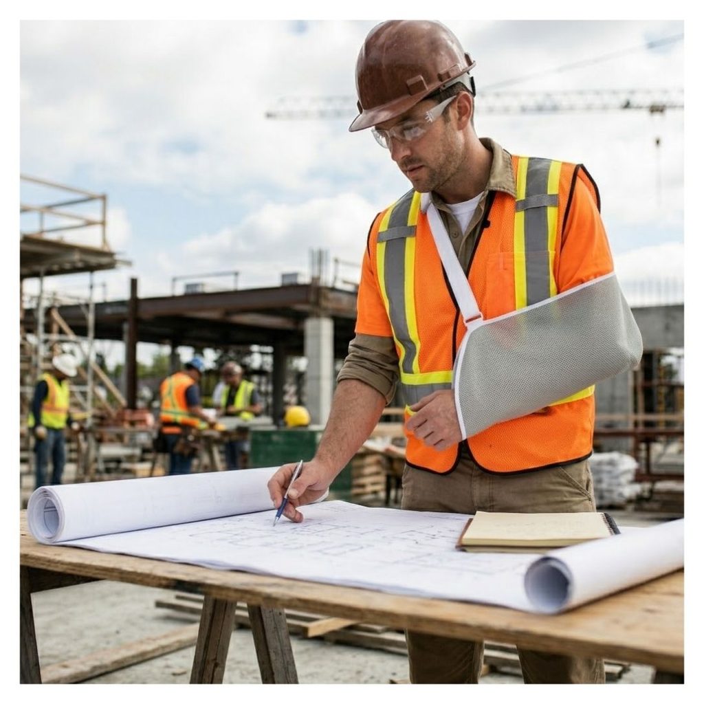 An injured construction worker looks at blueprints while on a job site. He is wearing a sling, indicating he can't complete his normal duties.