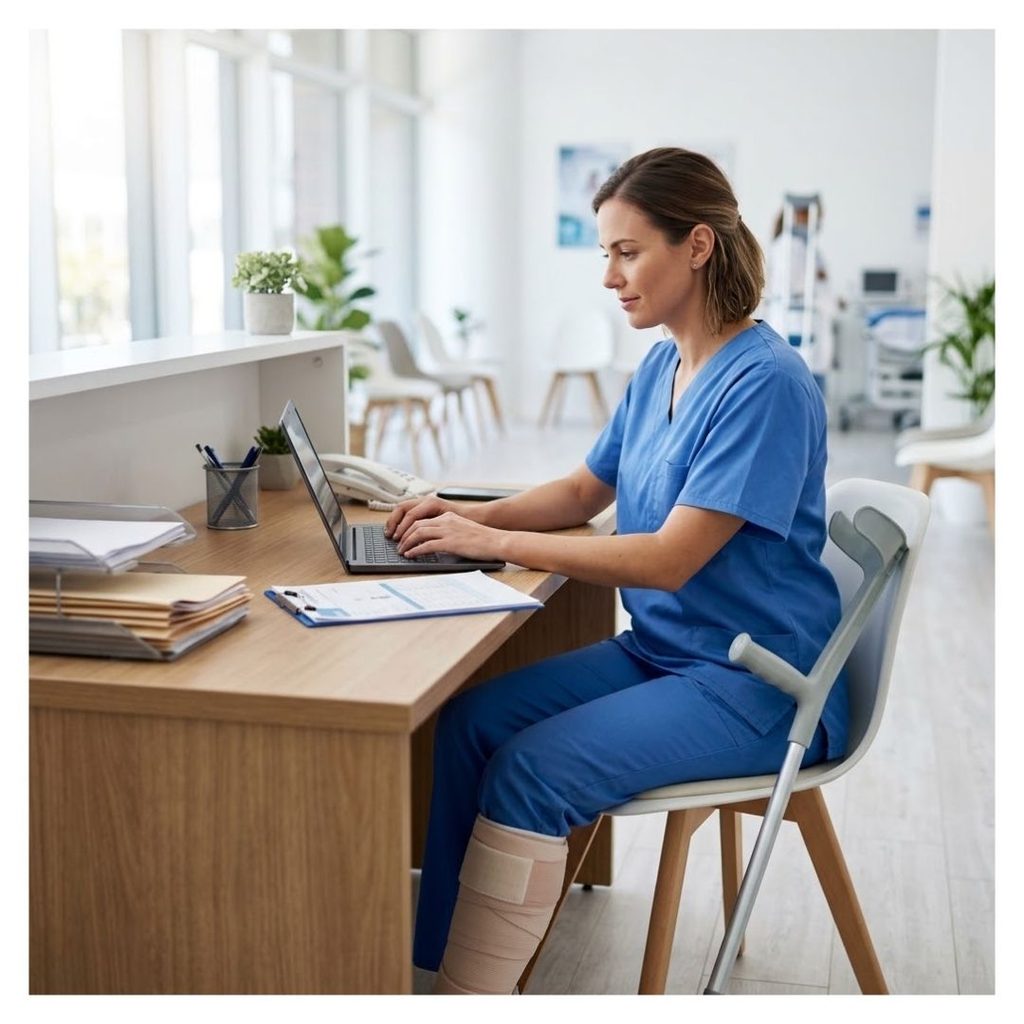 A healthcare worker wearing blue scrubs with a leg injury and a crutch completes computer work at a desk in a medical clinic.