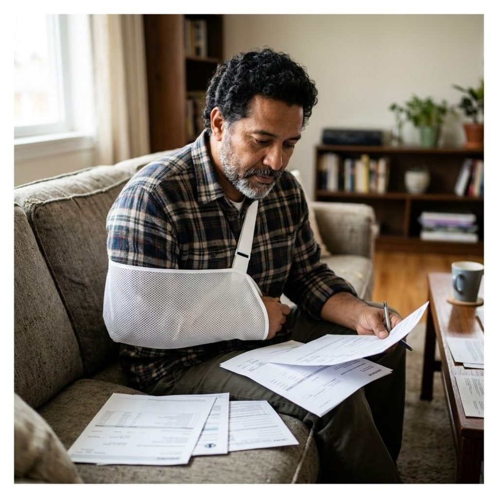 A man wearing a sling evaluates financial paperwork while resting on a couch.