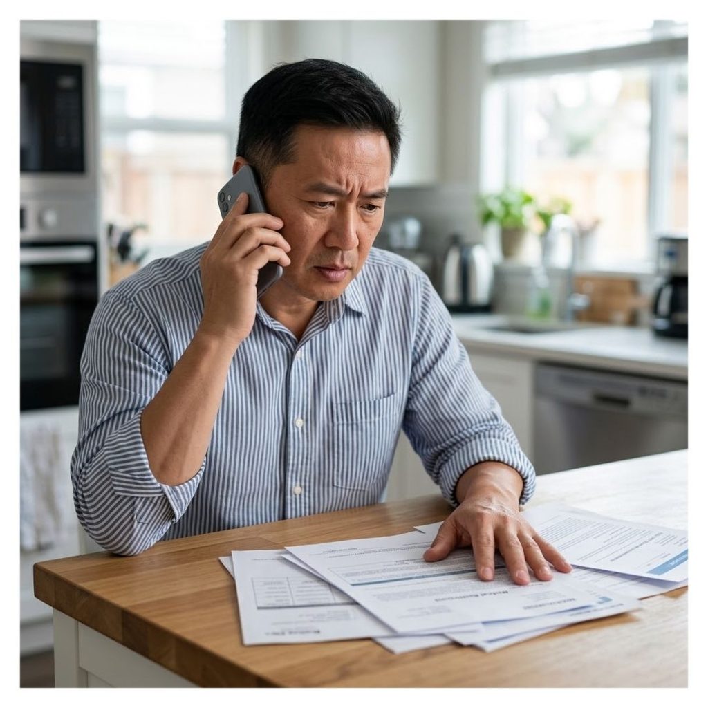 A distressed man talks on the phone while papers are strewn on a counter in front of him.