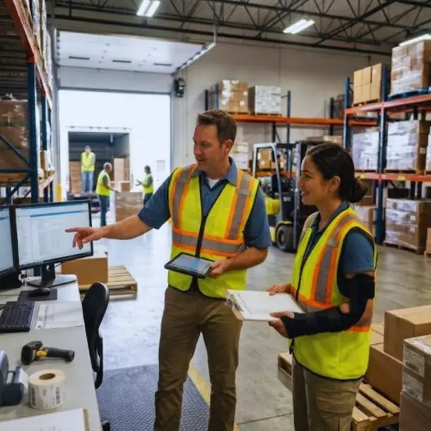 A warehouse manager assists an employee returning to work after an injury, describing her new light duty work responsibilities.