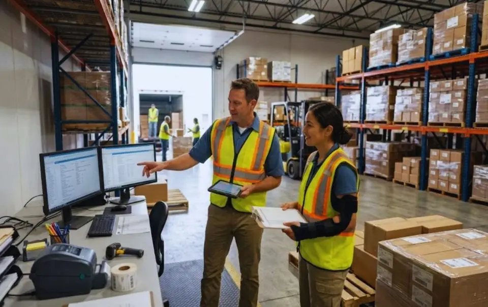 A warehouse manager assists an employee returning to work after an injury, describing her new light duty work responsibilities.