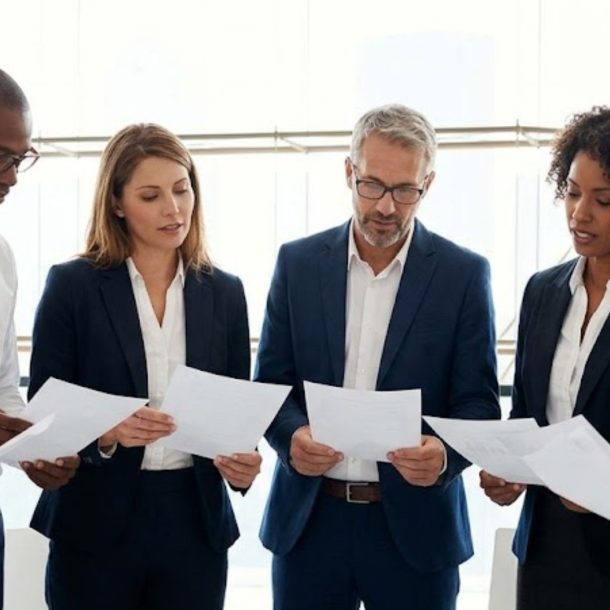 A group of legal professionals reviewing documents together in a brightly lit office.