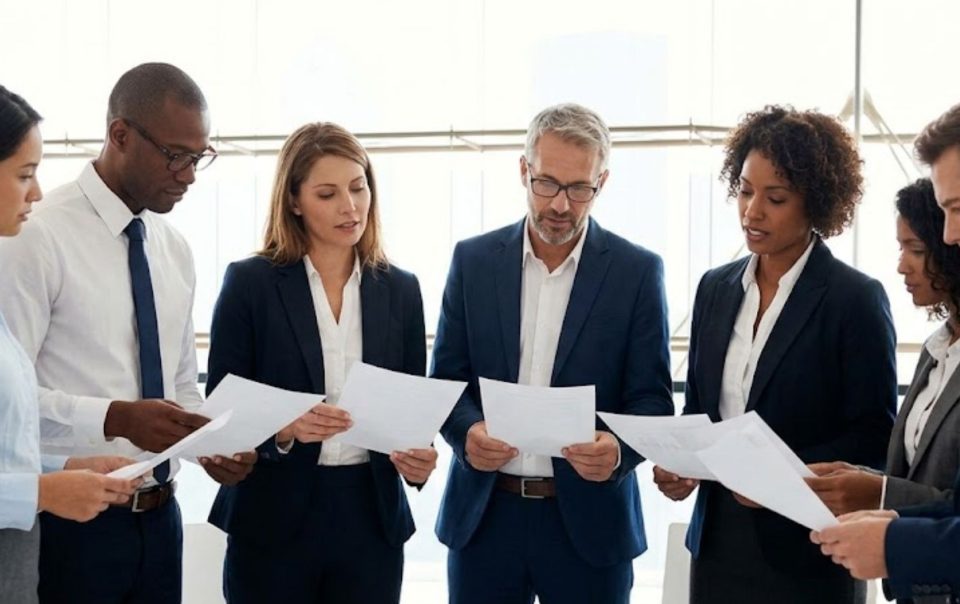 A group of legal professionals reviewing documents together in a brightly lit office.
