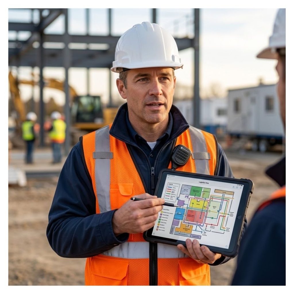 A construction worker reviews complicated site logistics.