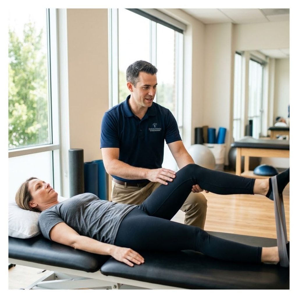 A physical therapist assists a woman with specific rehabilitation stretches.