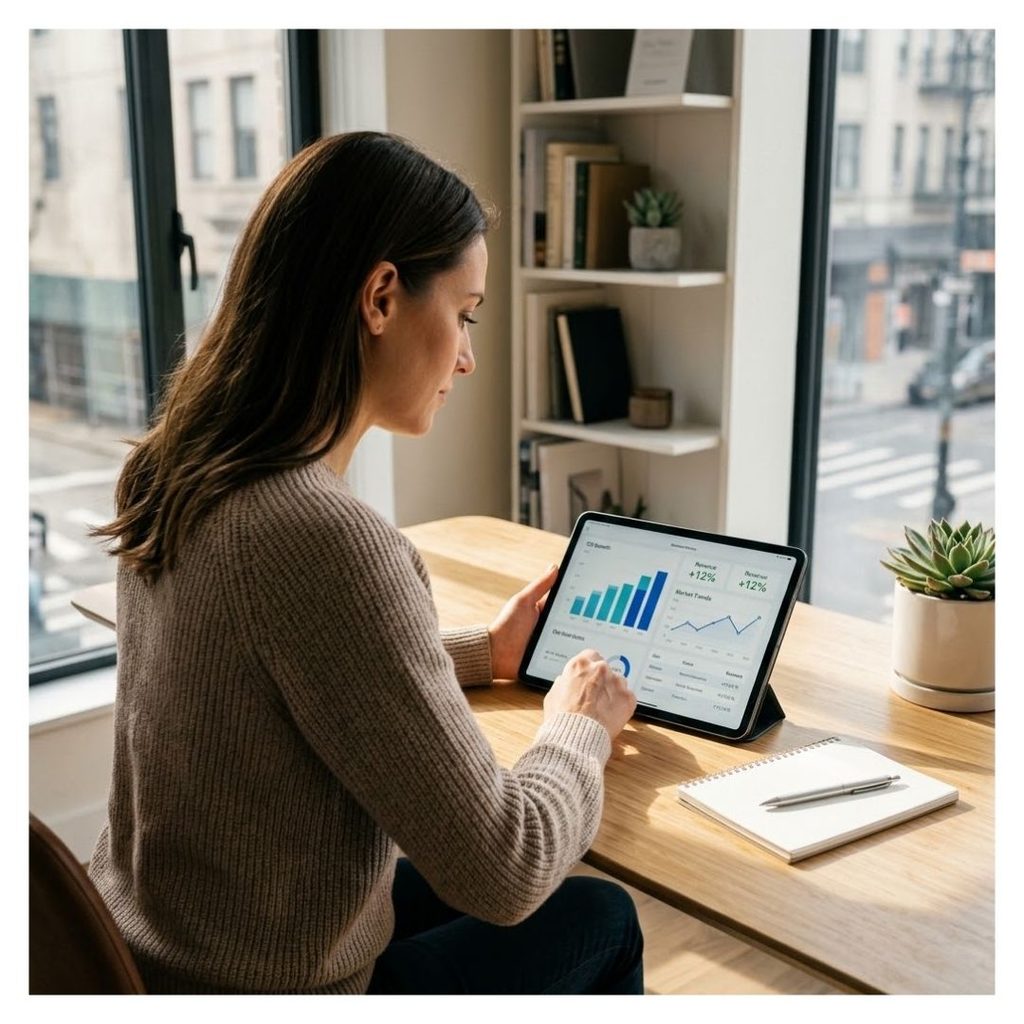 A woman reviews complex financial data on a digital tablet.