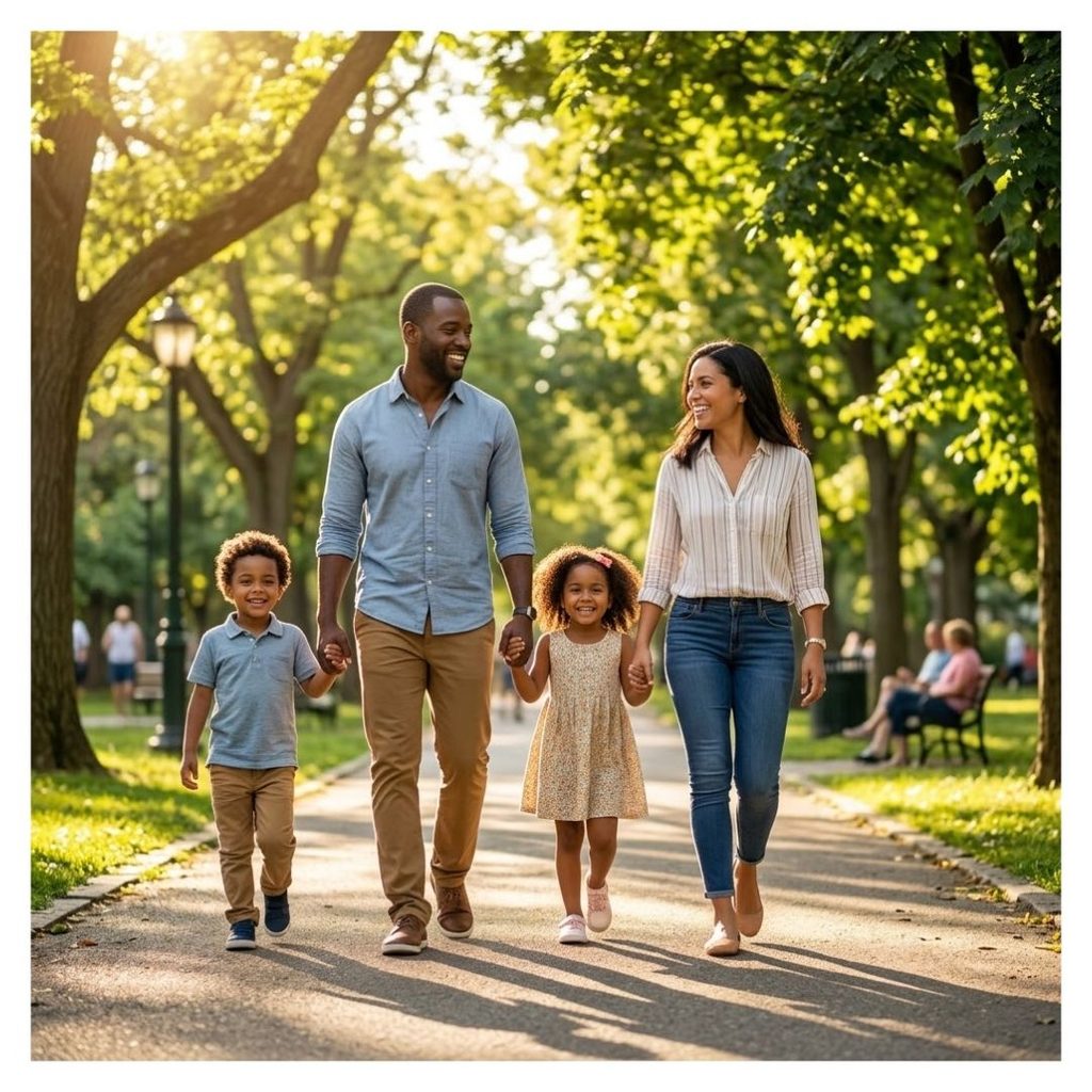 A healthy, happy family walks together in the park.