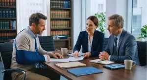 An injured man sits with attorneys at a conference table discussing legal claims.