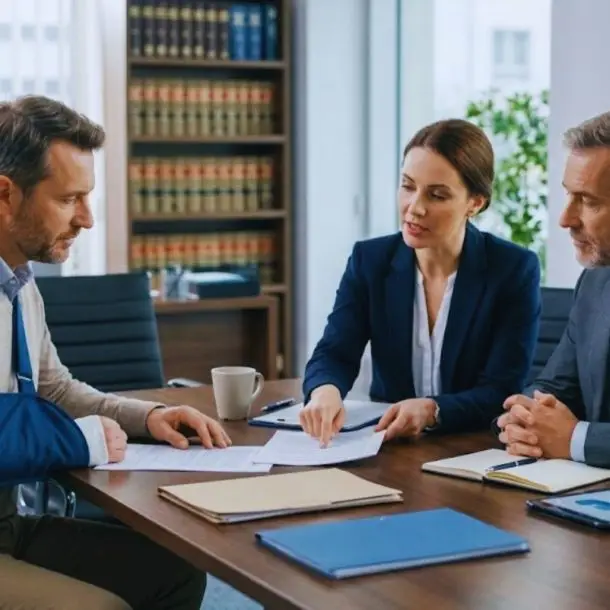 An injured man sits with attorneys at a conference table discussing legal claims.