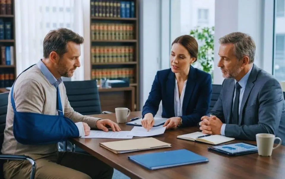 An injured man sits with attorneys at a conference table discussing legal claims.