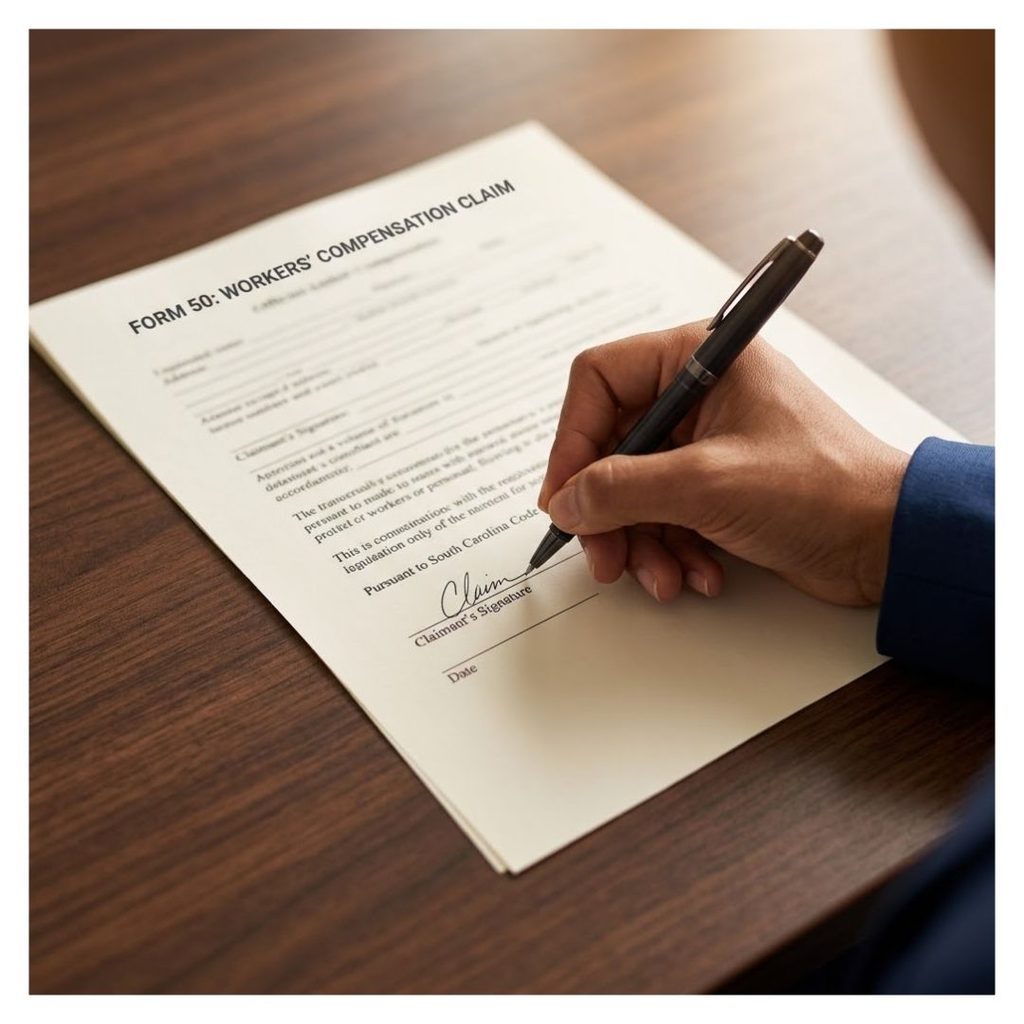 A claimant signs legal Form 50 for worker's compensation.