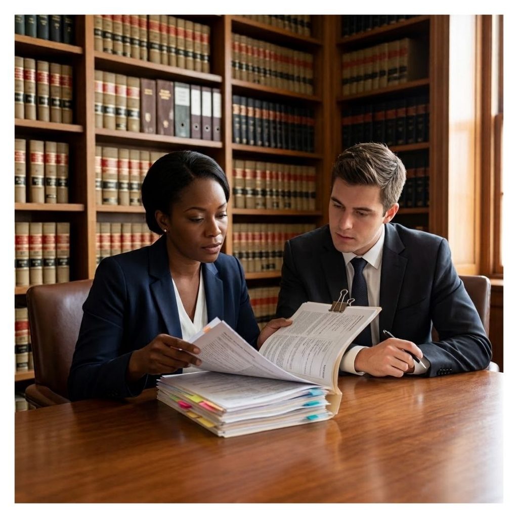 A man and a woman review medical files as part of discovery for a legal case.