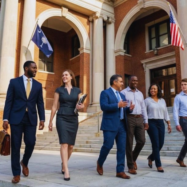 A group of attorneys and other people walk happily outside a courthouse.