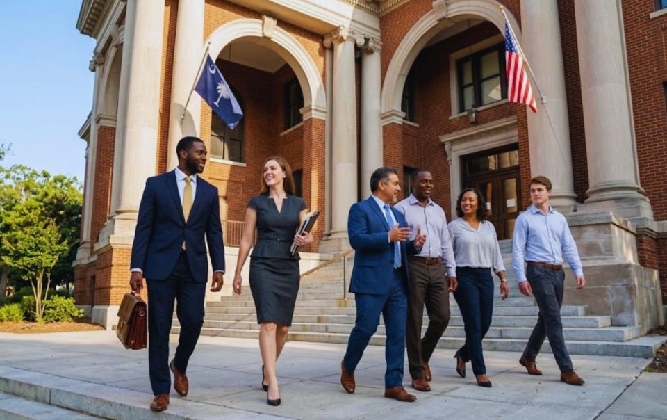 A group of attorneys and other people walk happily outside a courthouse.