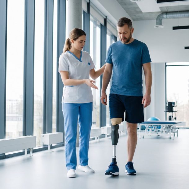 A physical therapist assists an amputee patient practicing walking with a prosthetic leg in a bright rehabilitation facility.