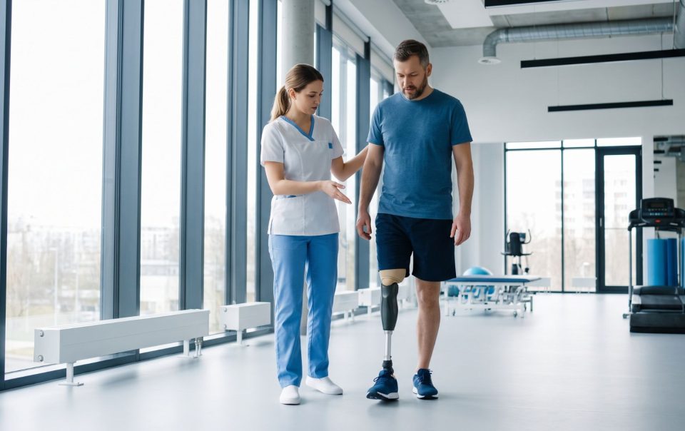 A physical therapist assists an amputee patient practicing walking with a prosthetic leg in a bright rehabilitation facility.