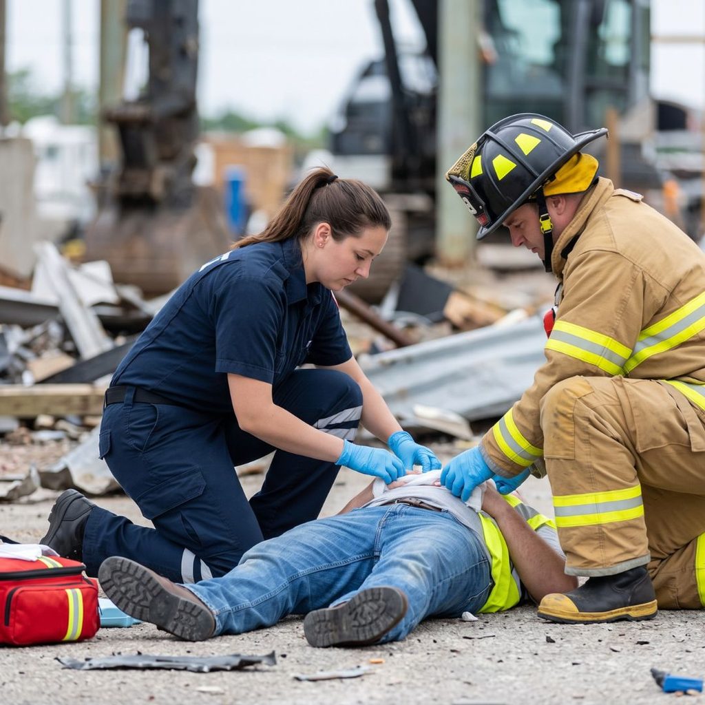 Emergency responders attend to an injured worker on the ground at an industrial accident scene.