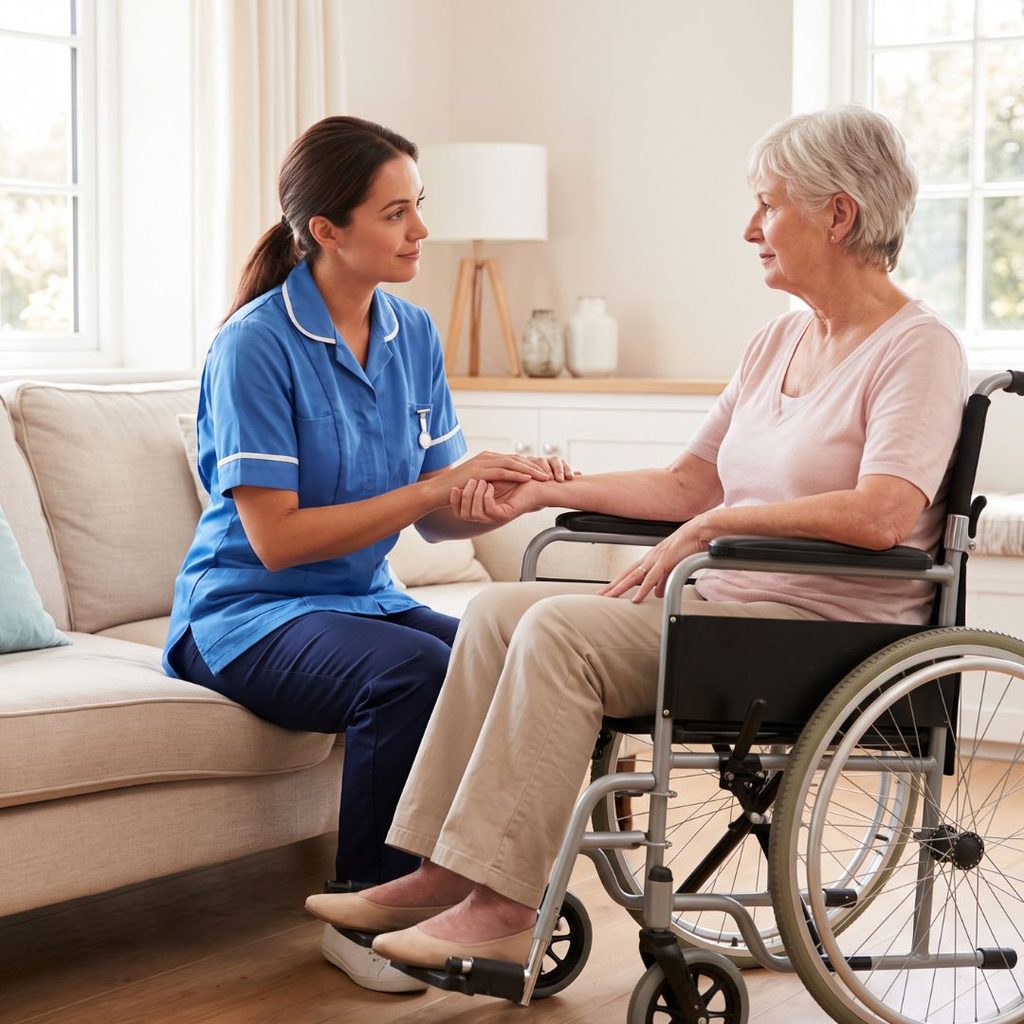 A nurse in a residential setting attends to a patient seated in a wheelchair.