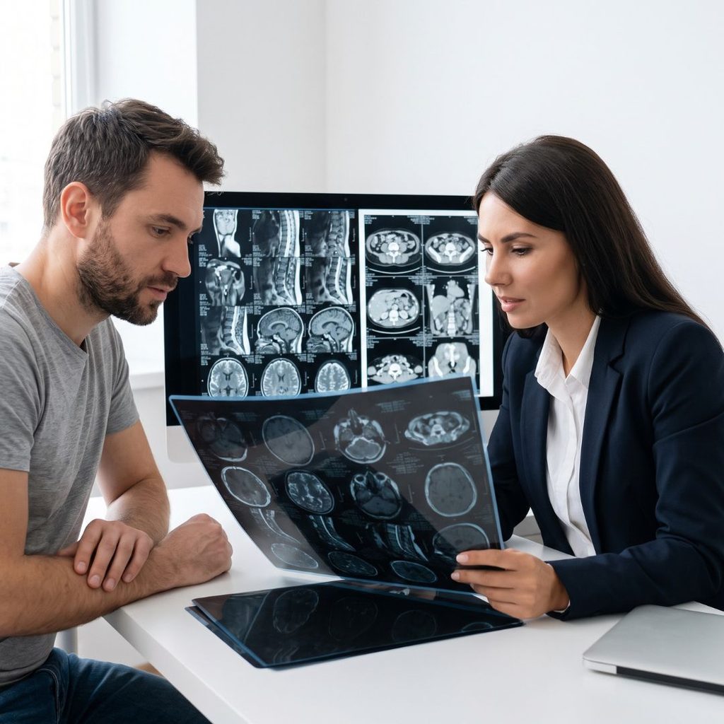 An injured individual and their legal counsel analyze detailed diagnostic medical scans together in an office.