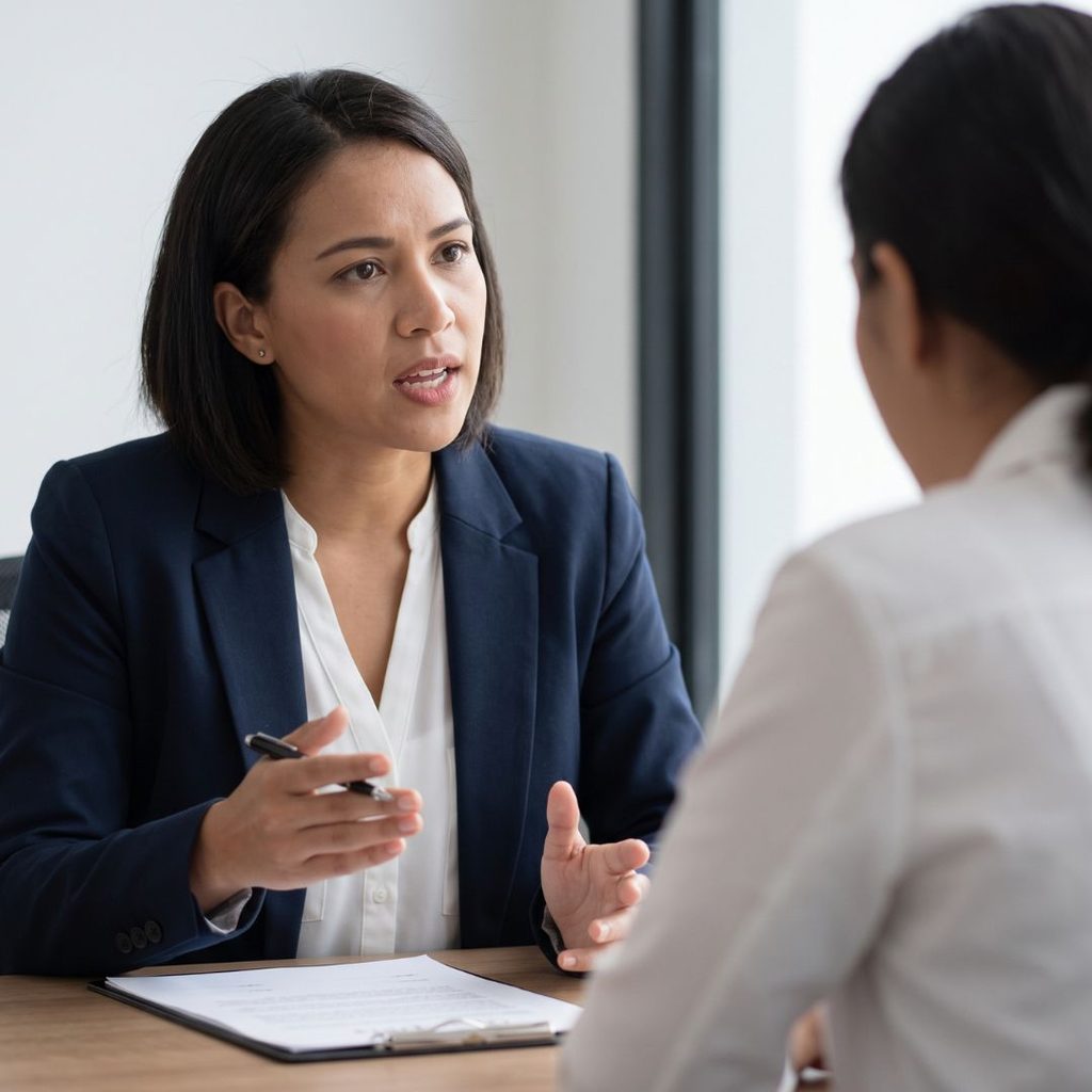 A determined female advocate in a blazer speaks with a client in a well-lit consultation room.