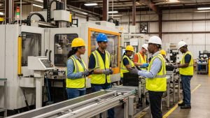 Diverse manufacturing workers wearing safety gear collaborate on a production line in a large South Carolina facility.