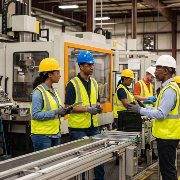 Diverse manufacturing workers wearing safety gear collaborate on a production line in a large South Carolina facility.