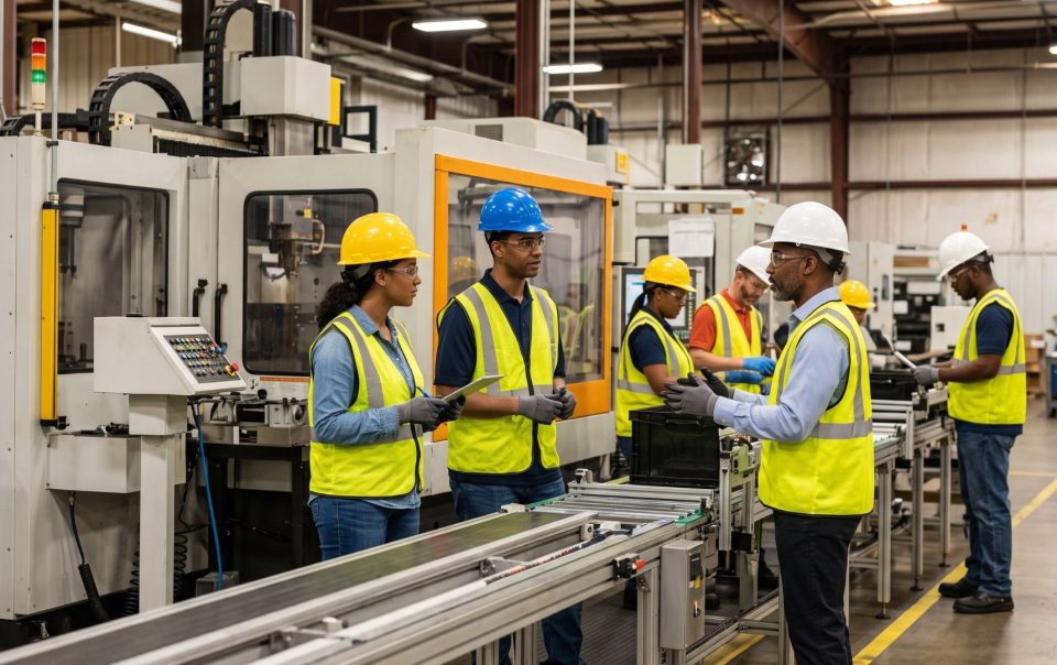 Diverse manufacturing workers wearing safety gear collaborate on a production line in a large South Carolina facility.