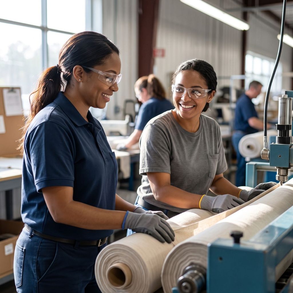 Diverse textile workers collaborate genuinely while operating machinery on an active South Carolina assembly line.