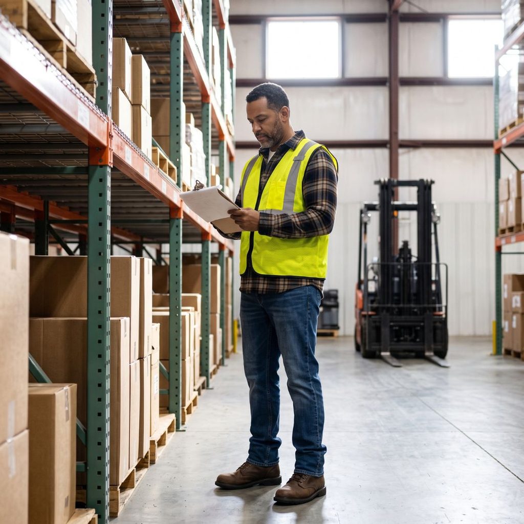 Focused warehouse worker reviews inventory papers inside a clean South Carolina manufacturing facility.